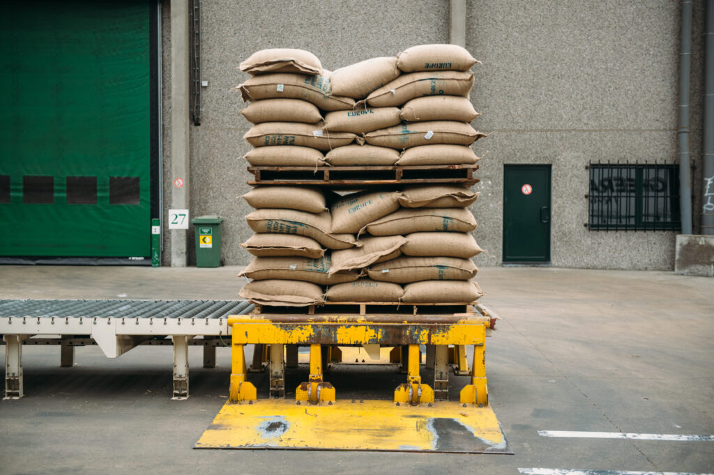 Bags of Coffee on a pallet in a coffee storing warehouse in Antwerp